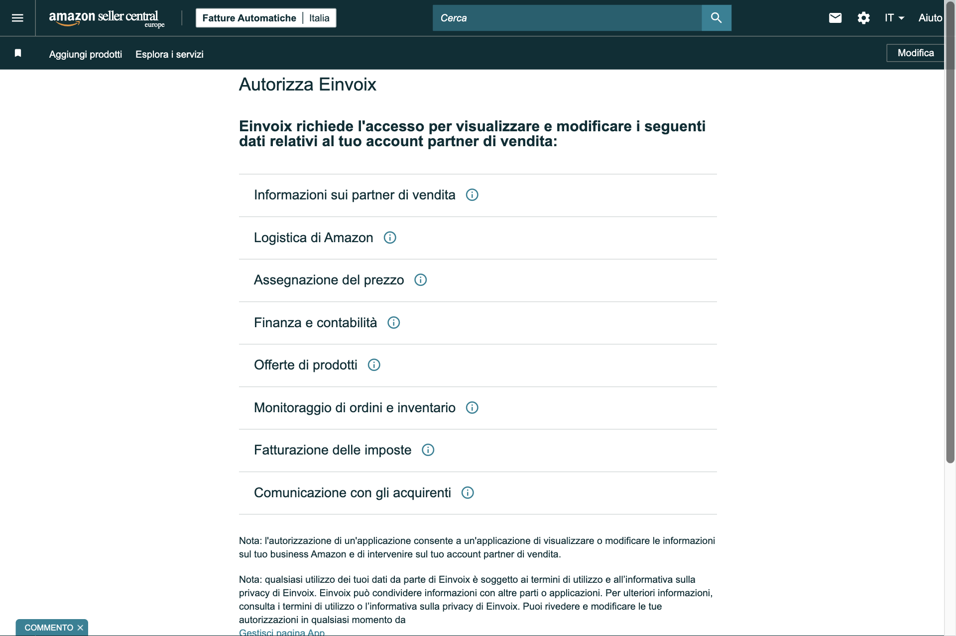 Guida Einvoix | Autorizza Einvoix Amazon