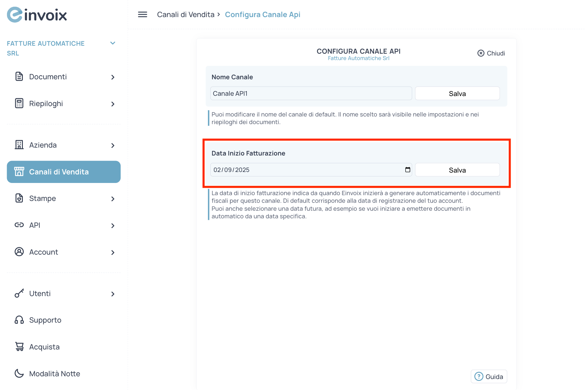 Guida Einvoix | Data Inizio Fatturazione Canale API