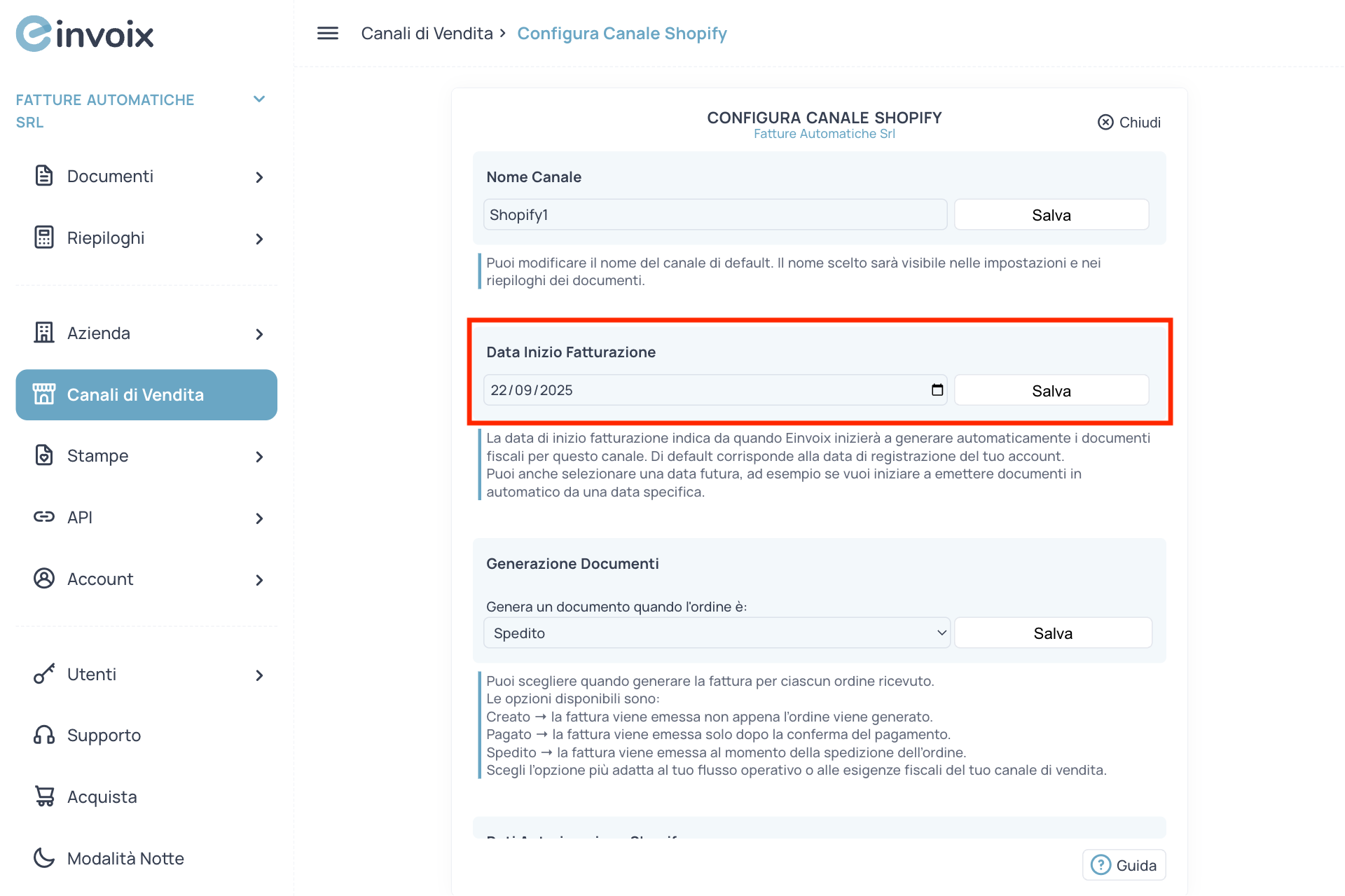 Guida Einvoix | Data Inizio Fatturazione Shopify