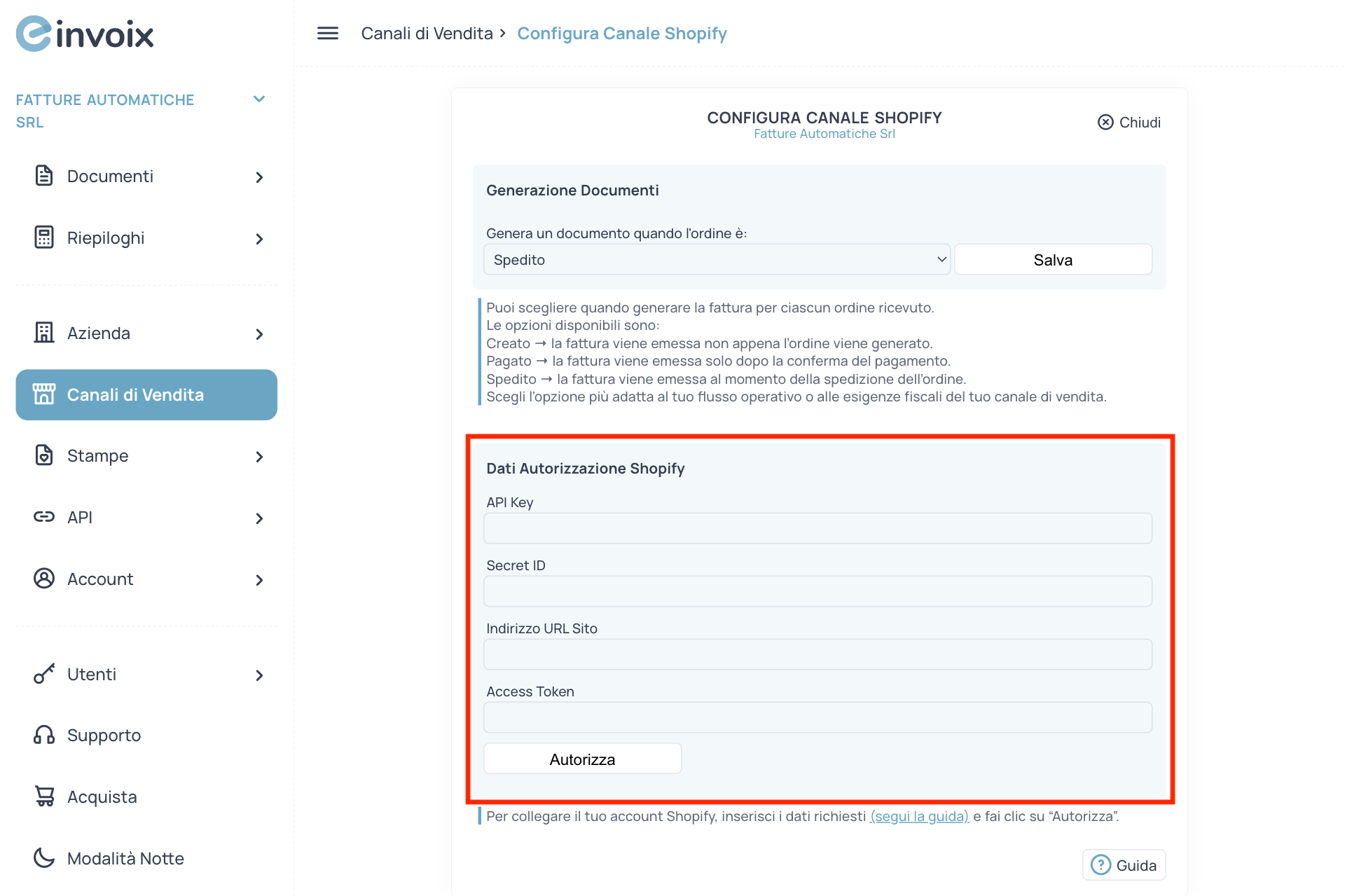Guida Einvoix | Dati Autorizzazione Shopify