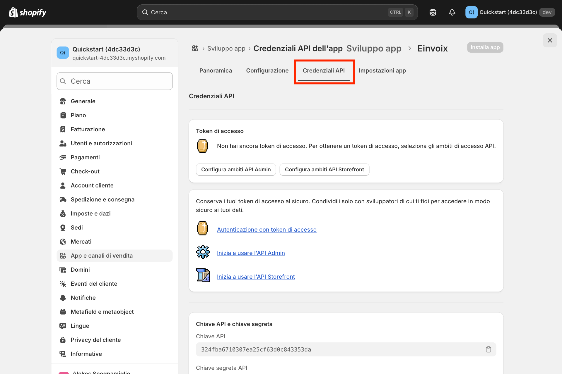 Guida Einvoix | Credenziali API Shopify