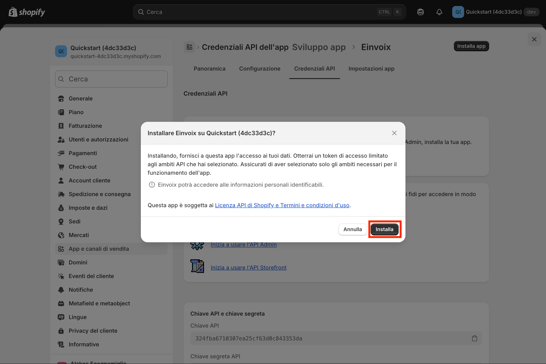 Guida Einvoix | Popup Installa App Shopify