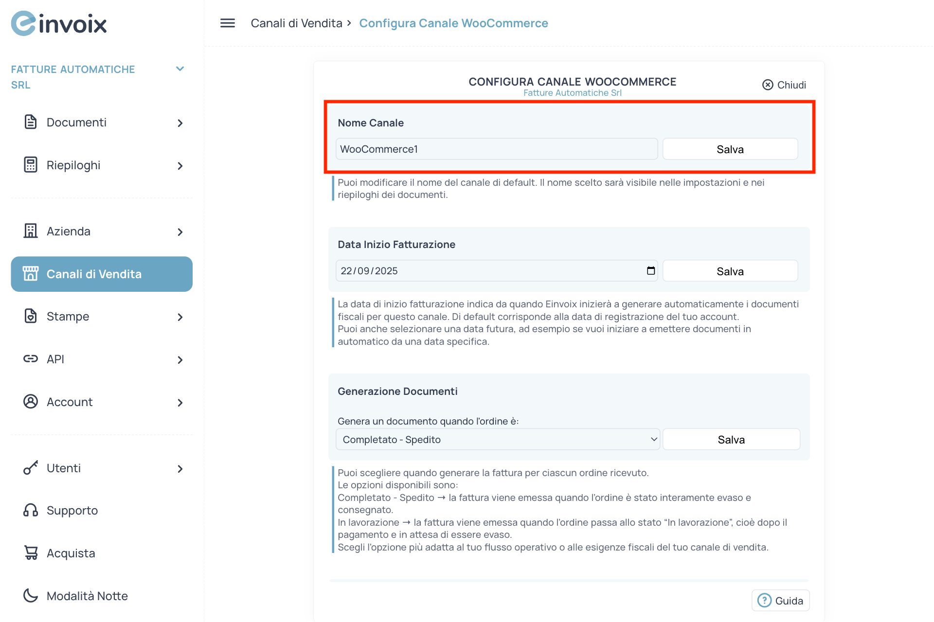 Guida Einvoix | Nome Canale WooCommerce
