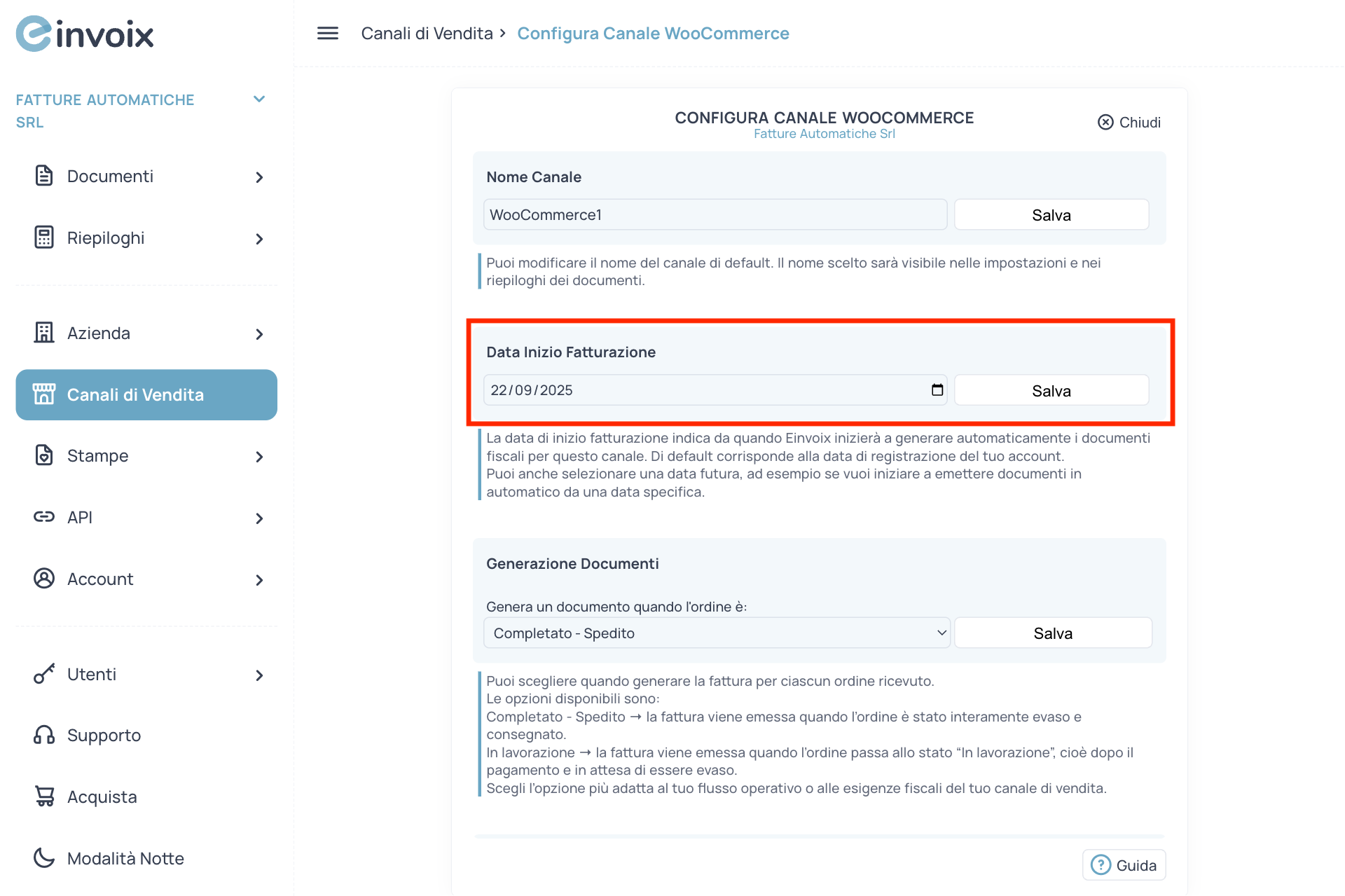 Guida Einvoix | Data Inizio Fatturazione WooCommerce