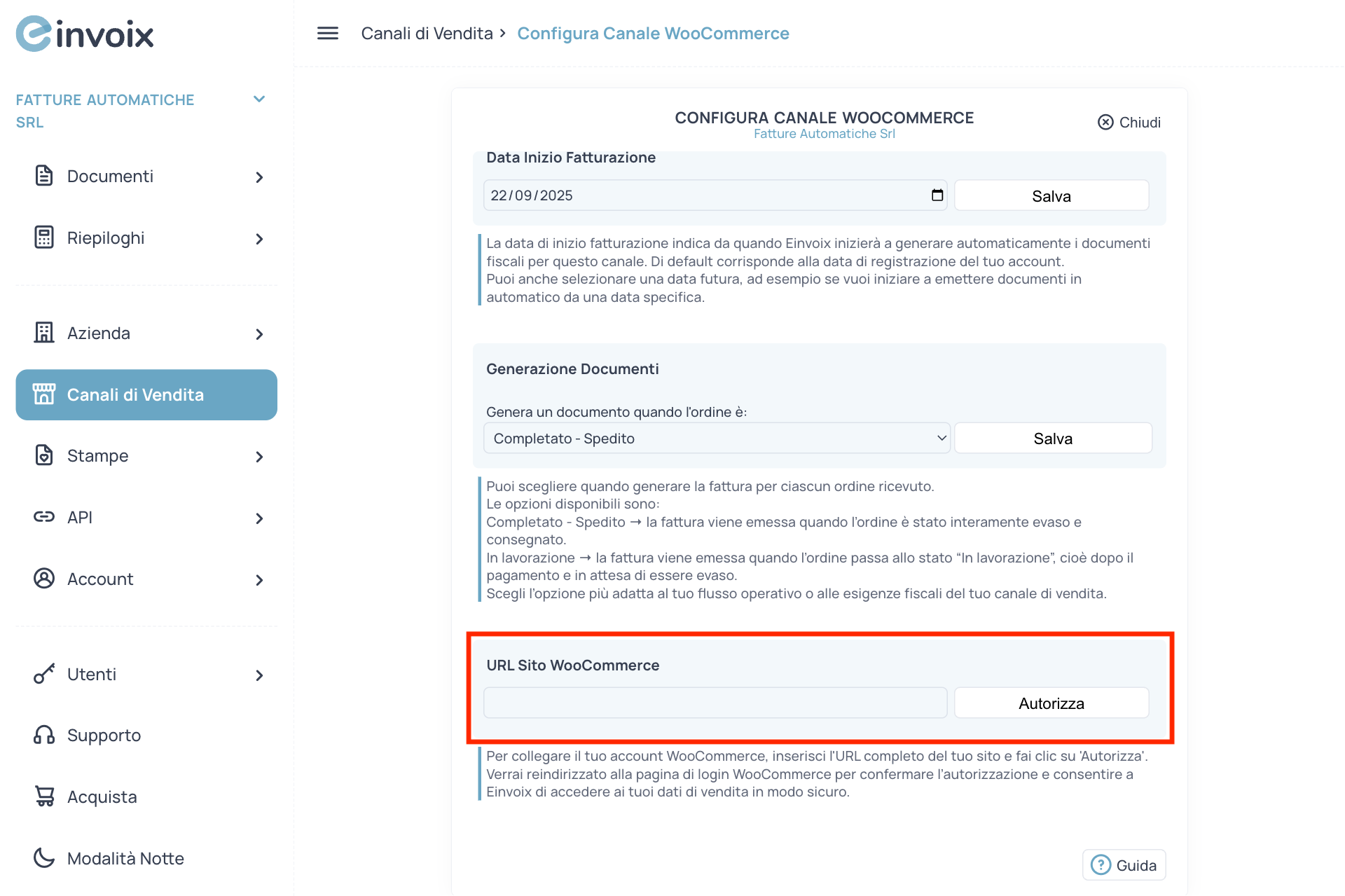 Guida Einvoix | URL sito WooCommerce