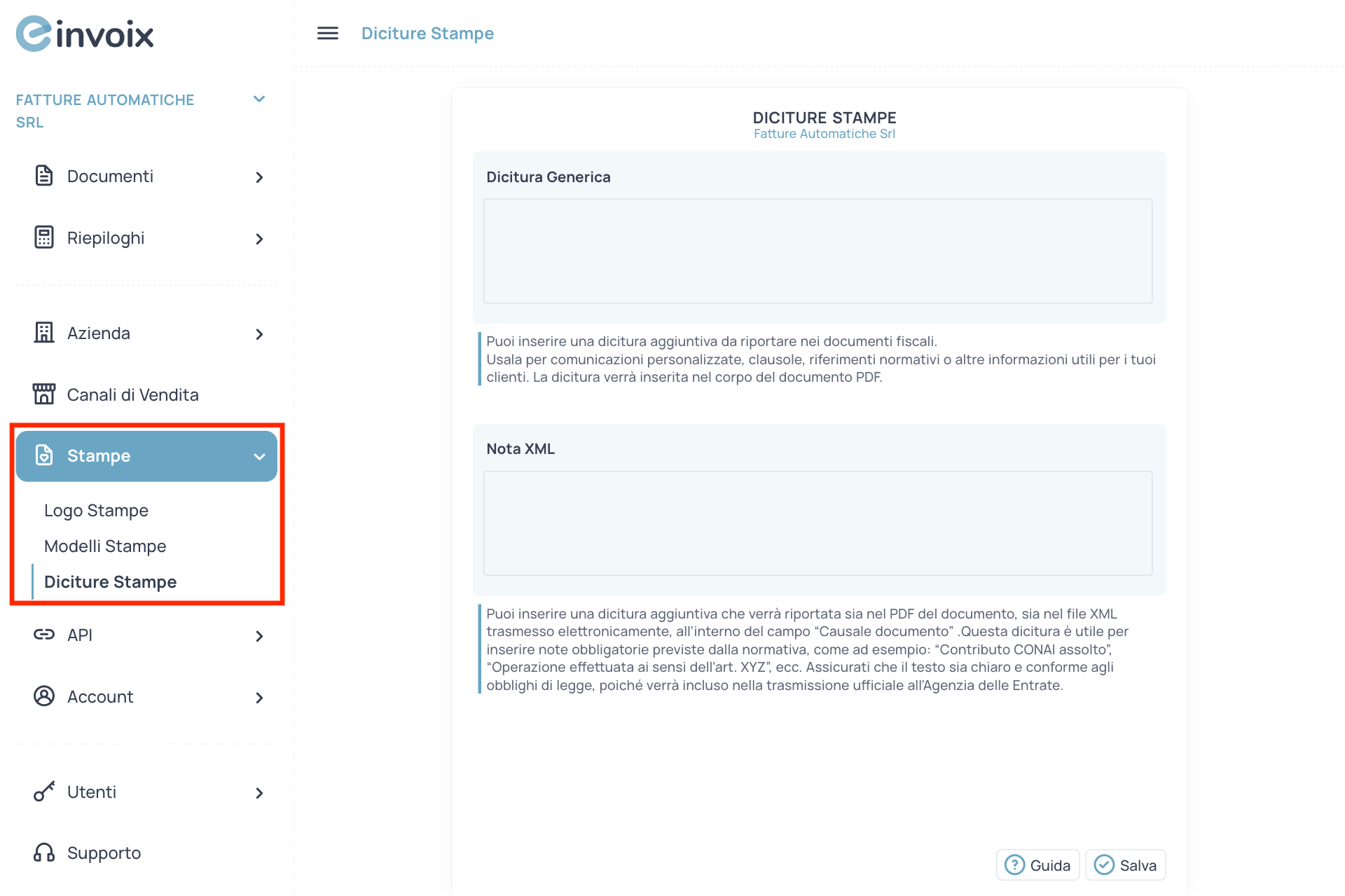 Guida Einvoix | Diciture Stampe