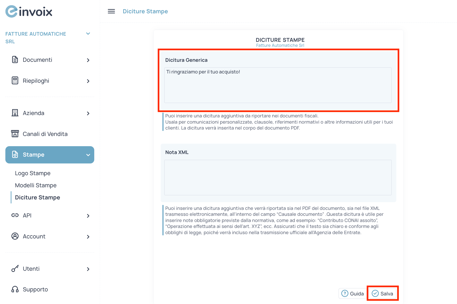 Guida Einvoix | Dicitura Generica