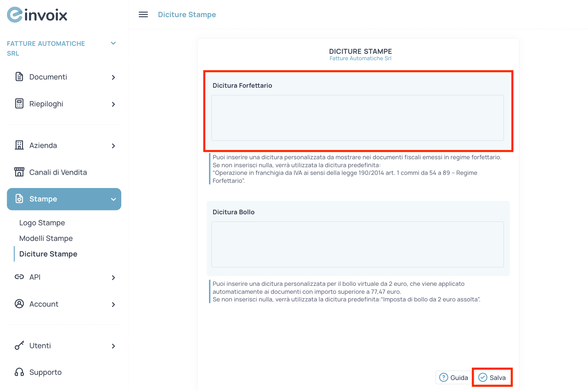 Guida Einvoix | Dicitura Forfettario