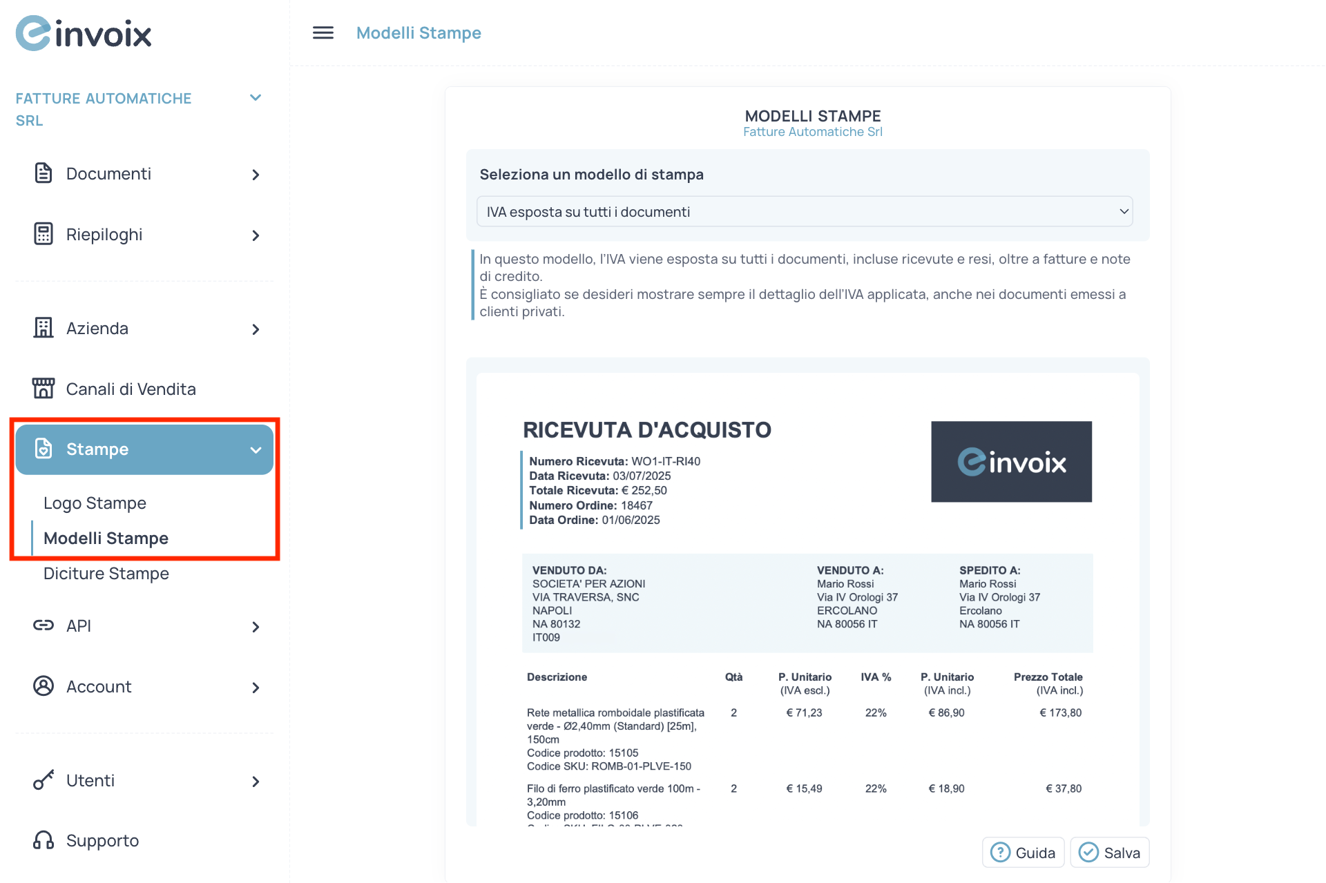 Guida Einvoix | Seleziona Modelli Stampe