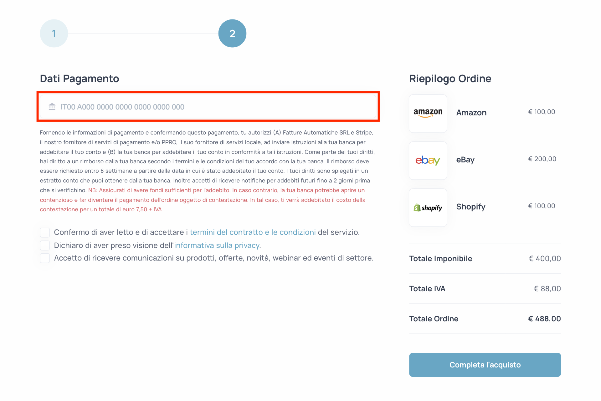 Guida Einvoix | Inserisci i dati di pagamento