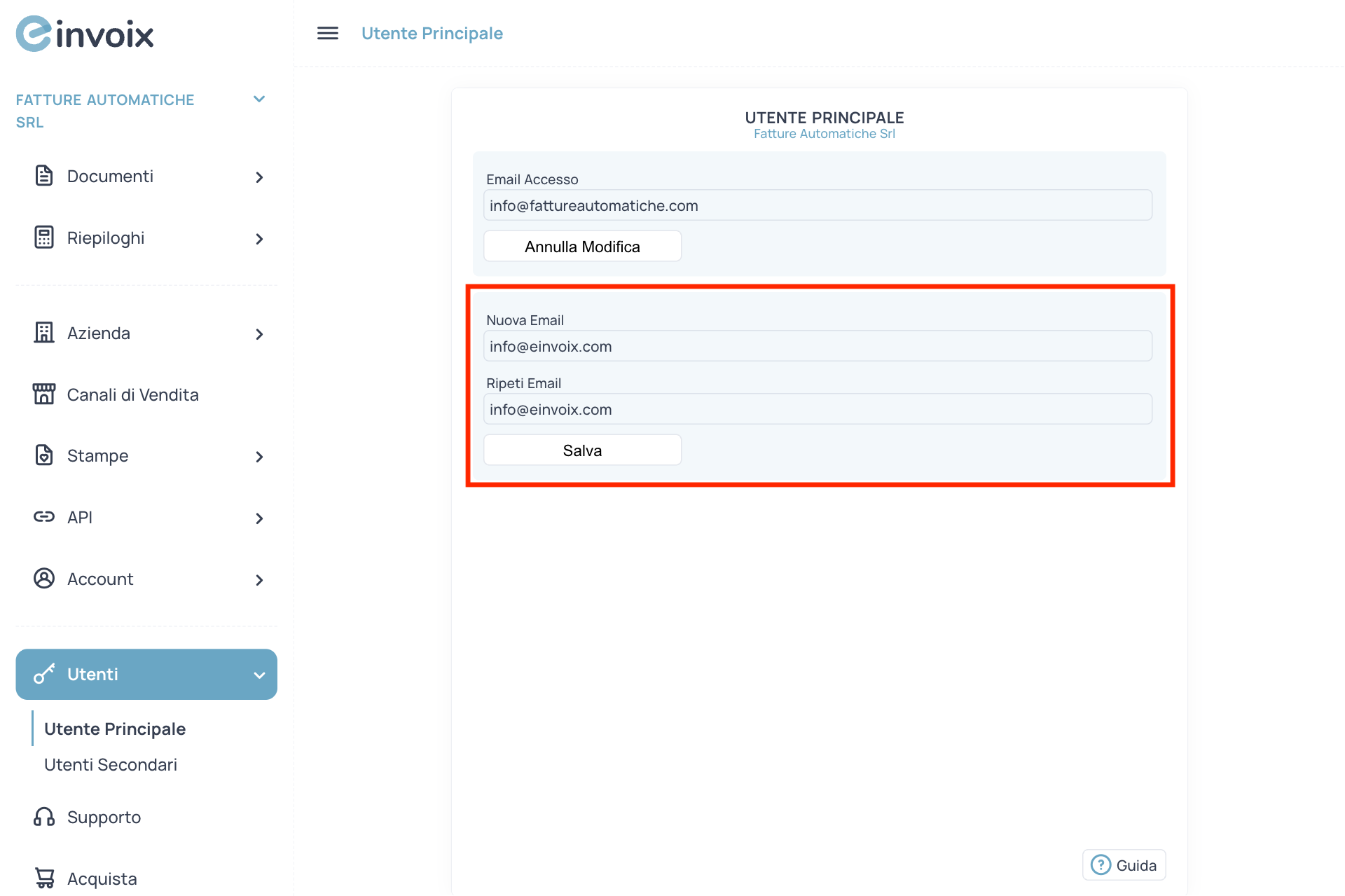 Guida Einvoix | Nuova Email Utente Principale