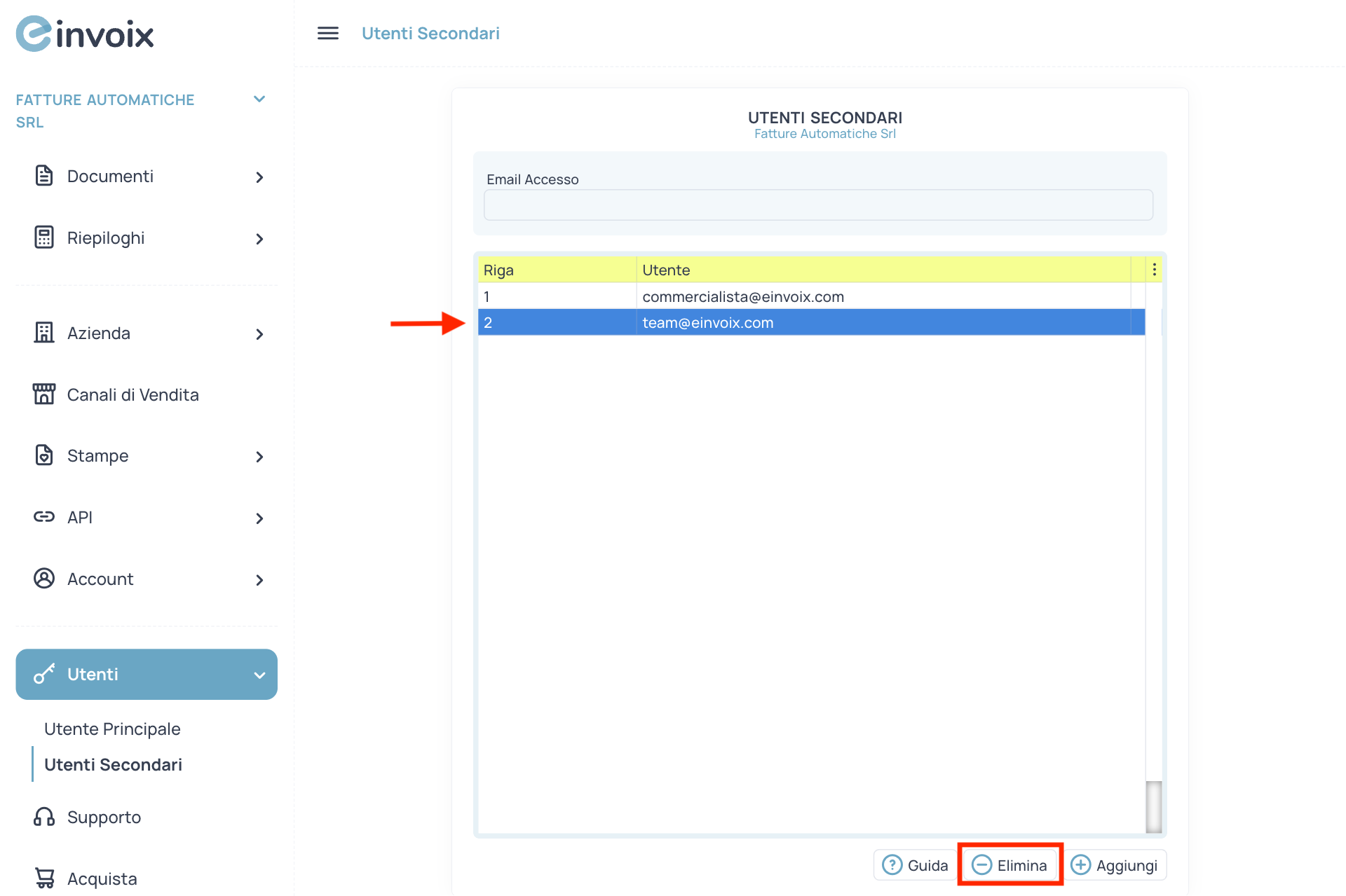 Guida Einvoix | Elimina Utente Secondario