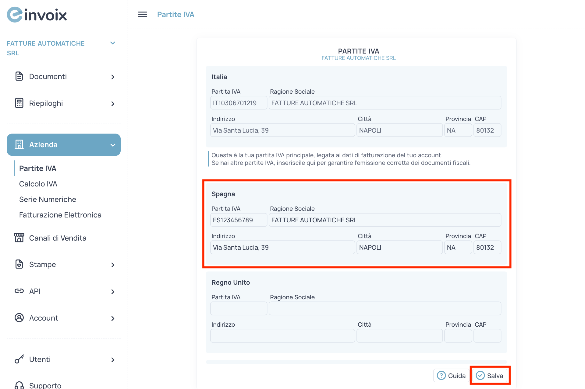 Guida Einvoix | Aggiungi Partita IVA Europea